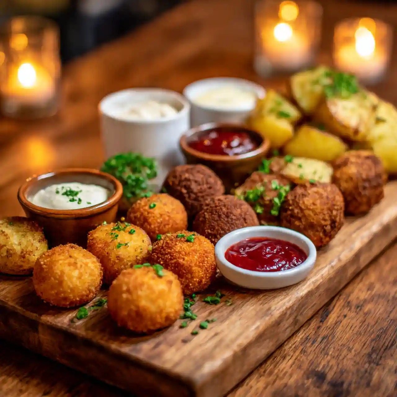 Airfryer snacks op een houten borrelplank