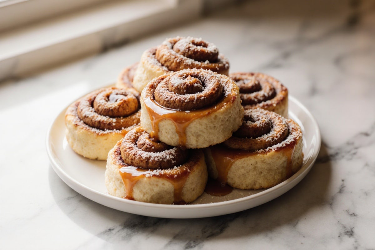 cynamonki air fryer na talerzu, aromatyczne i słodkie, idealne na deser