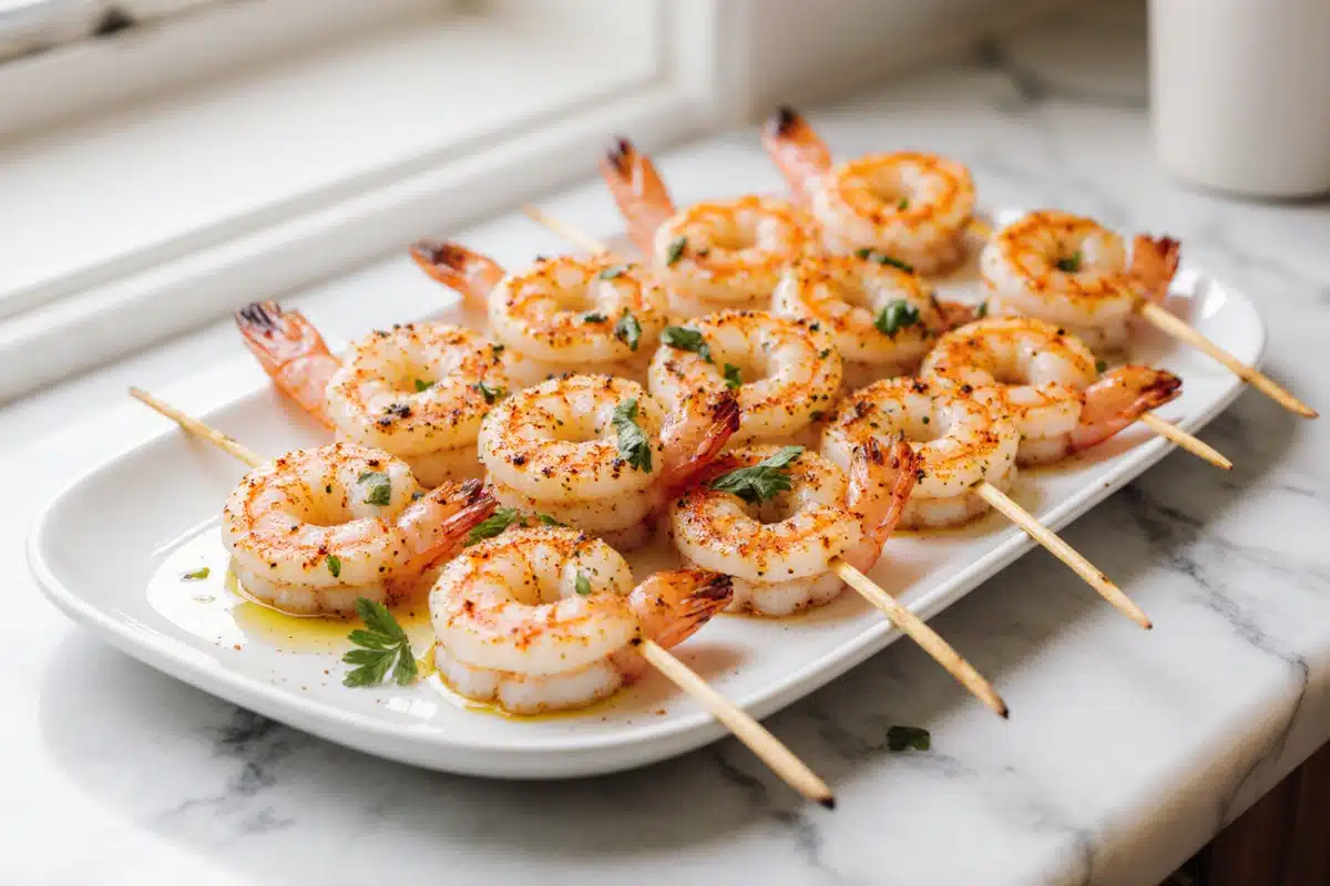 szaszlyki z krewetkami z air fryer na talerzu z natką pietruszki
