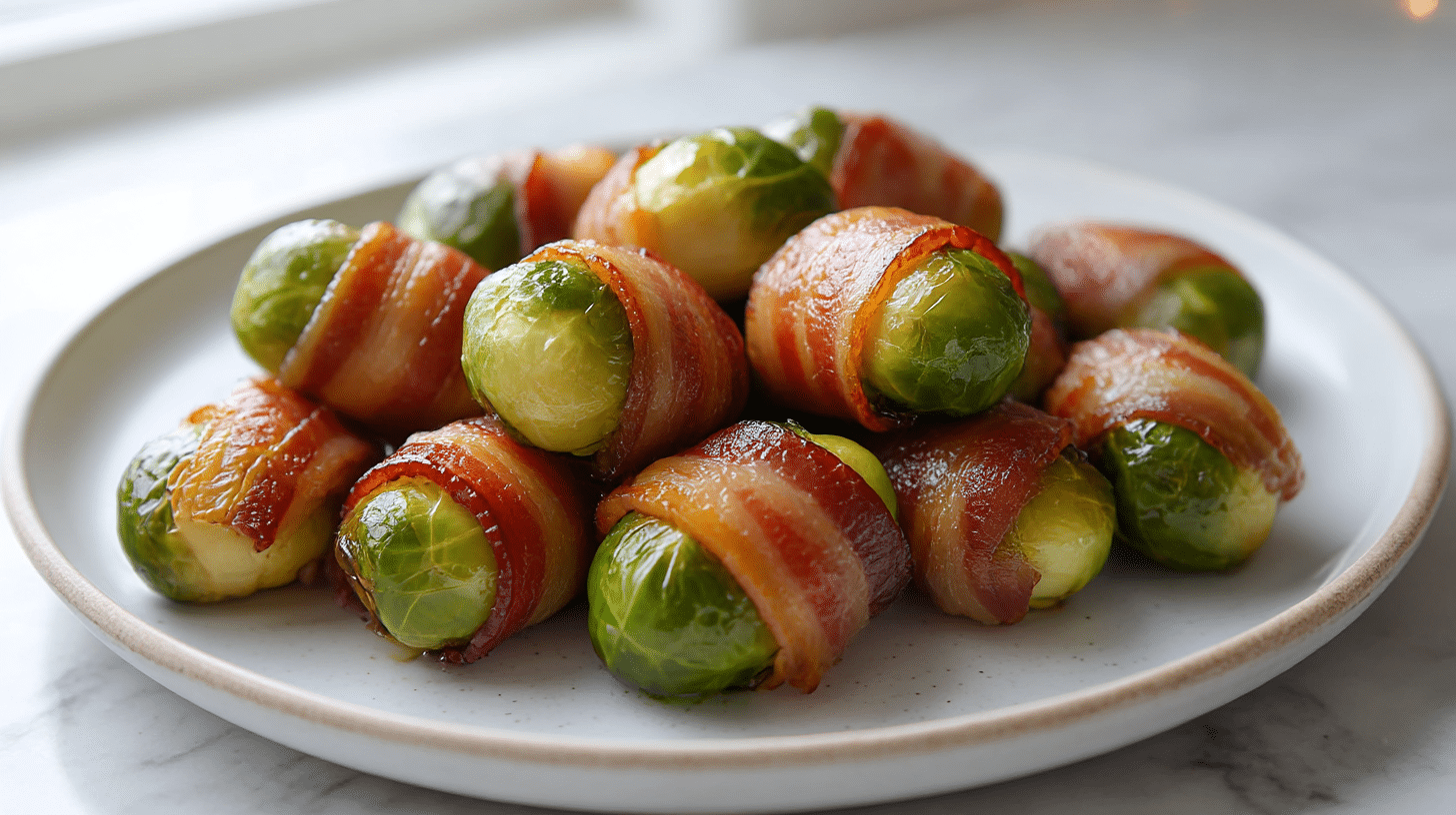 Zbliżenie na brukselki zawijane w boczku z air fryer, smakowite danie