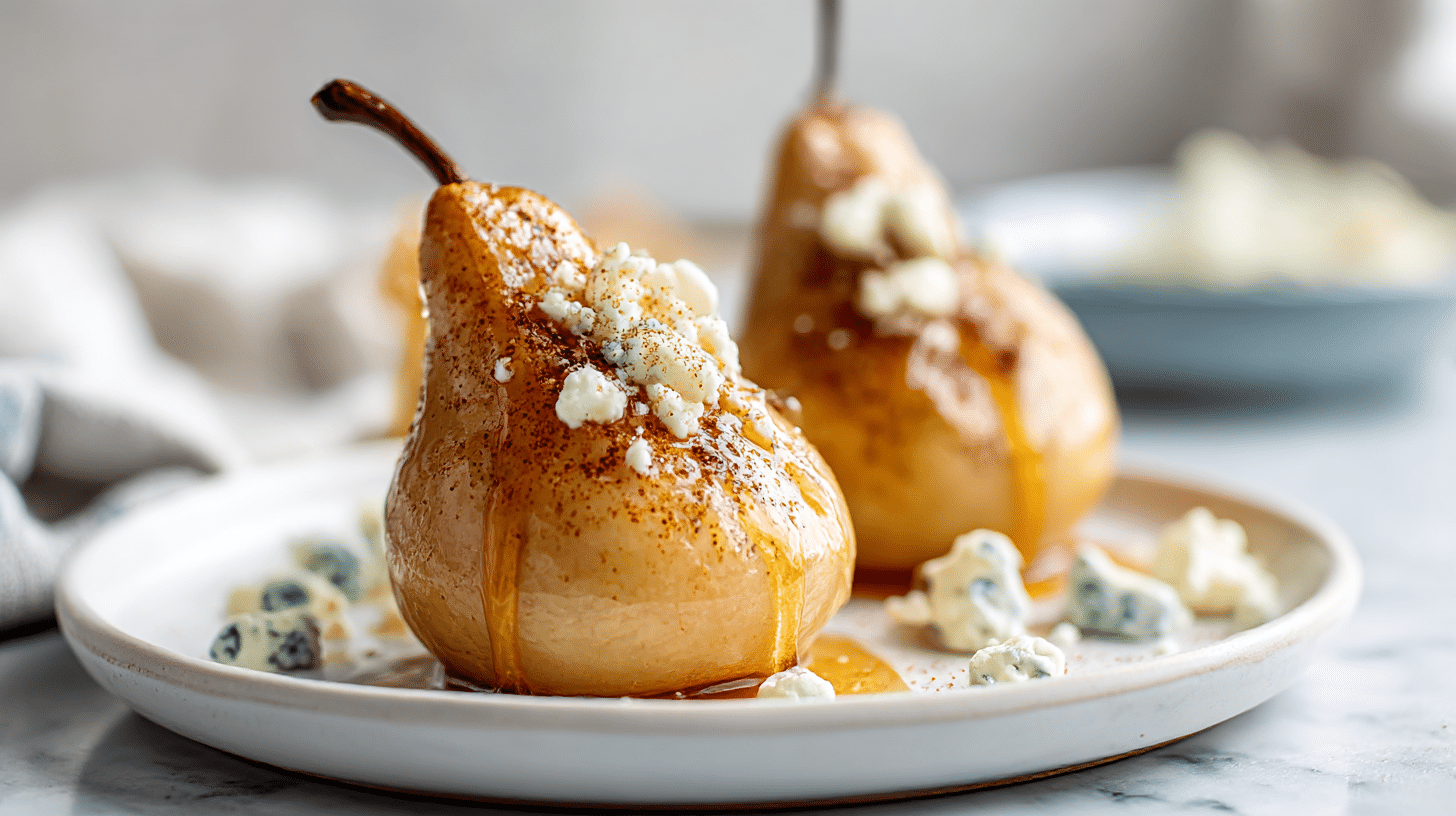 Gruszki pieczone w air fryerze na talerzu.