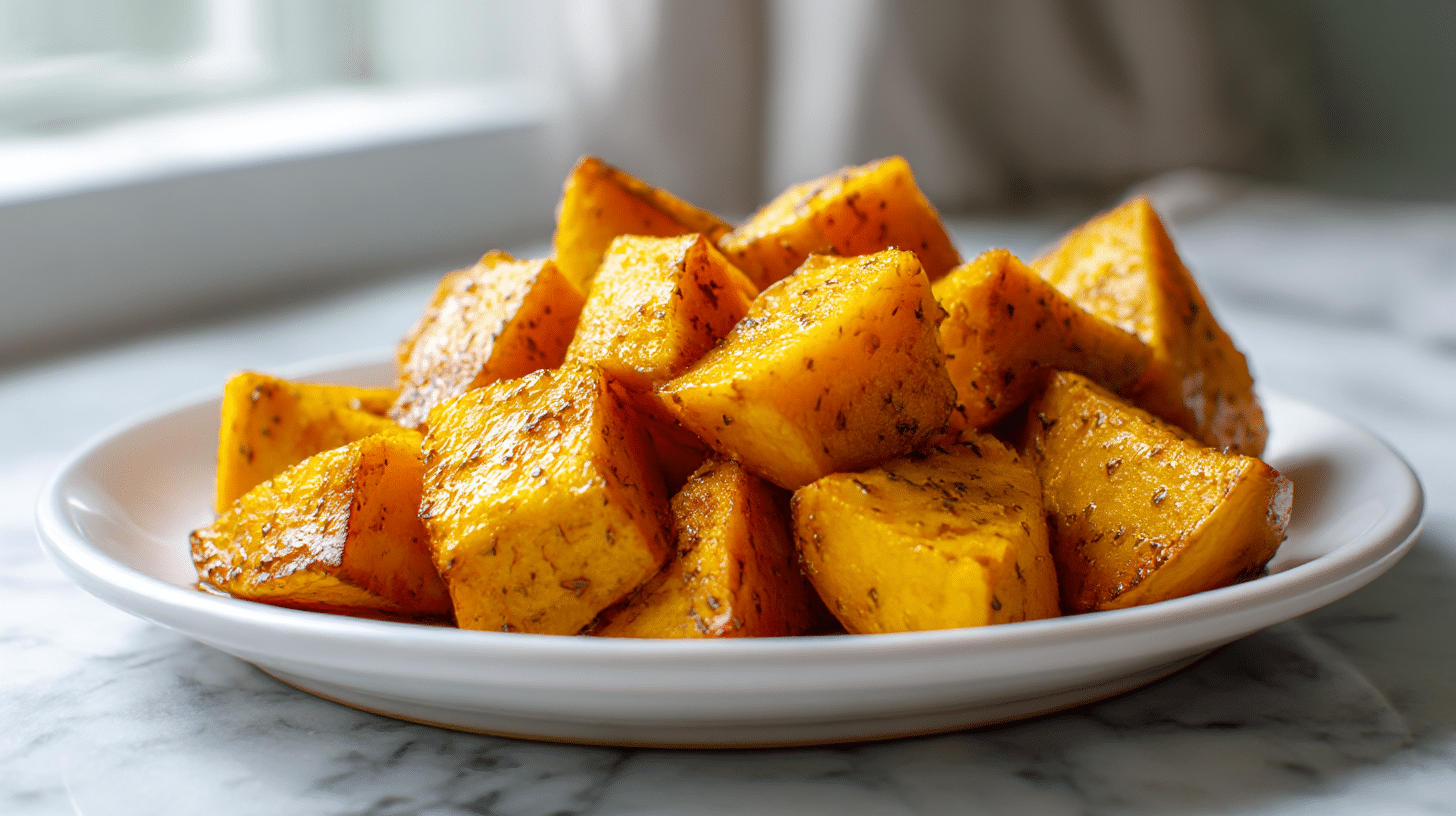 Kolorowe plastry pieczonej dyni z air fryer, idealne na talerzu.