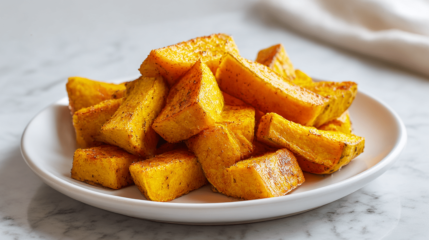 Aromatyczna pieczona dynia z air fryer, ułożona na stole.