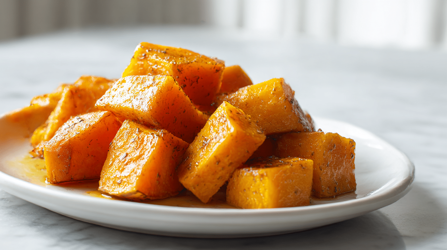 Porcja pieczonej dyni z air fryer na talerzu obok sałaty.