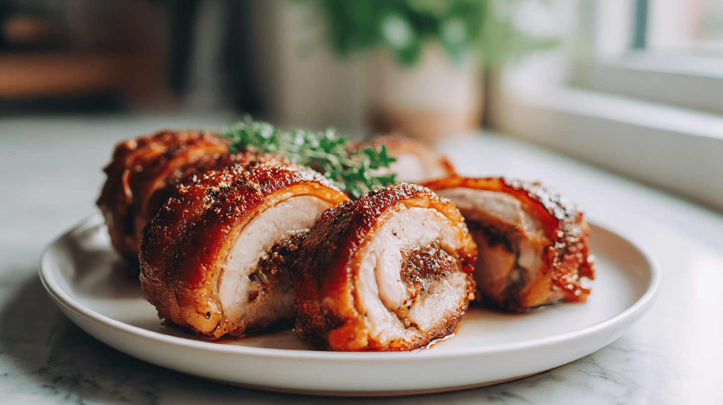 roladki schabowe z mozzarella z air fryer serwowane z sosem