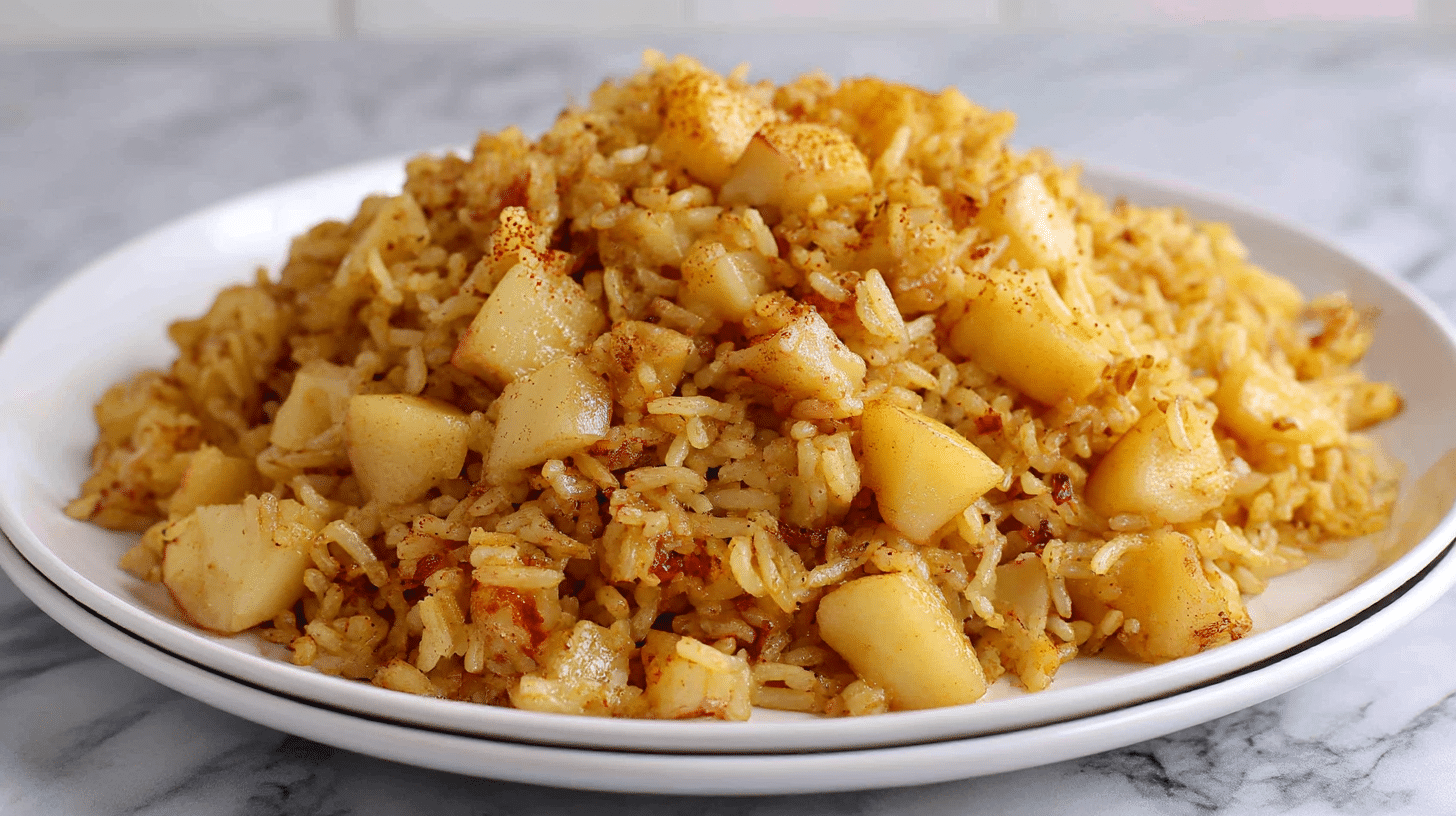 ryz pieczony z jablkiem z air fryer na talerzu, gotowy do podania