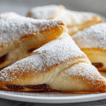 Trojkaty z ciasta francuskiego nadziewane ricotta i dzemem z air fryer na talerzu.