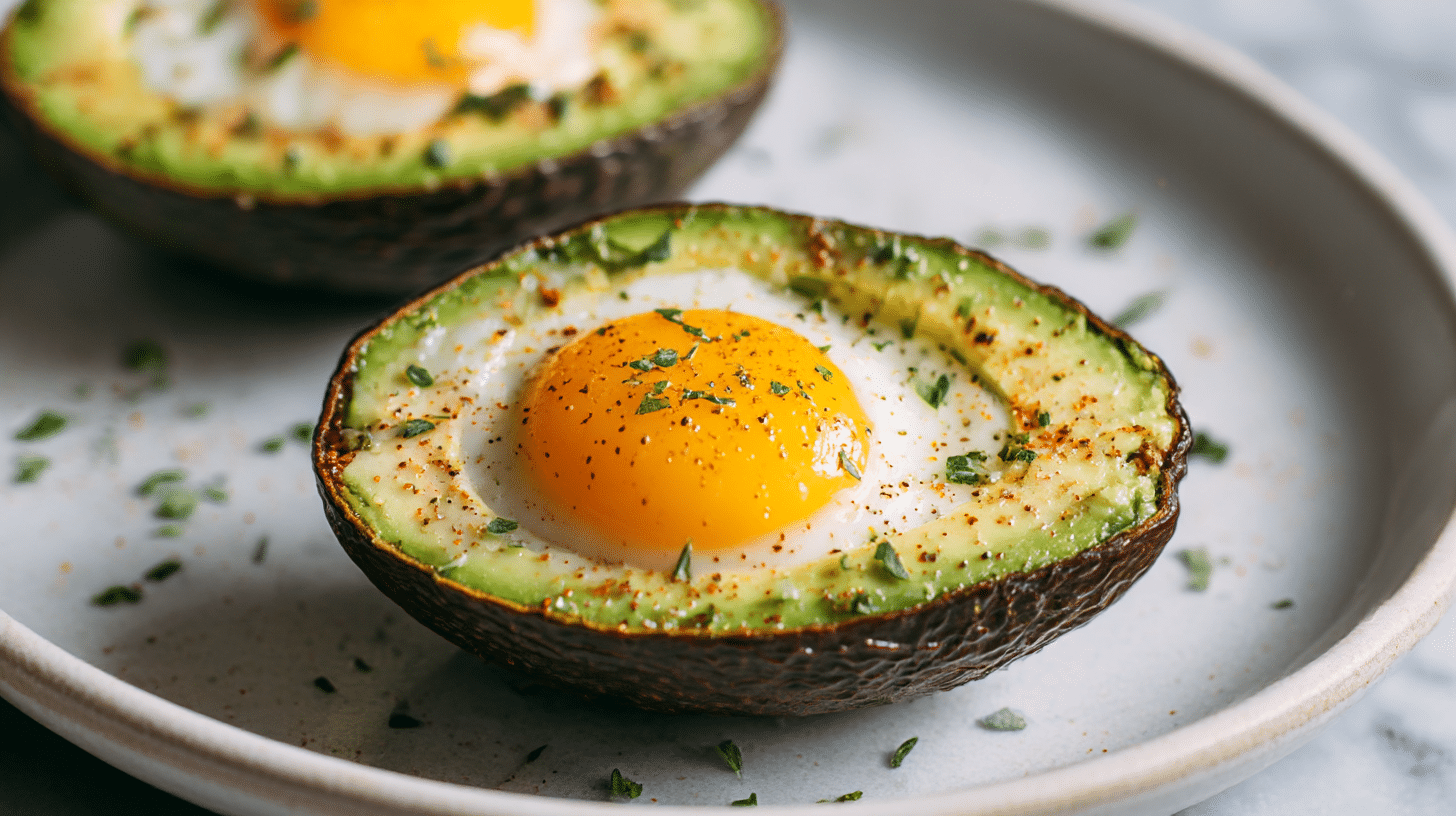 jajko zapiekane w awokado w air fryer serwowane z sałatką