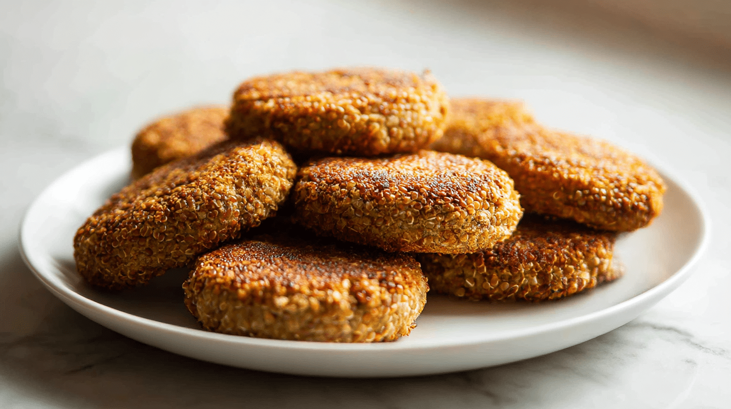 Porcja kotletów z kaszy gryczanej z air fryer, podane ze świeżymi warzywami.