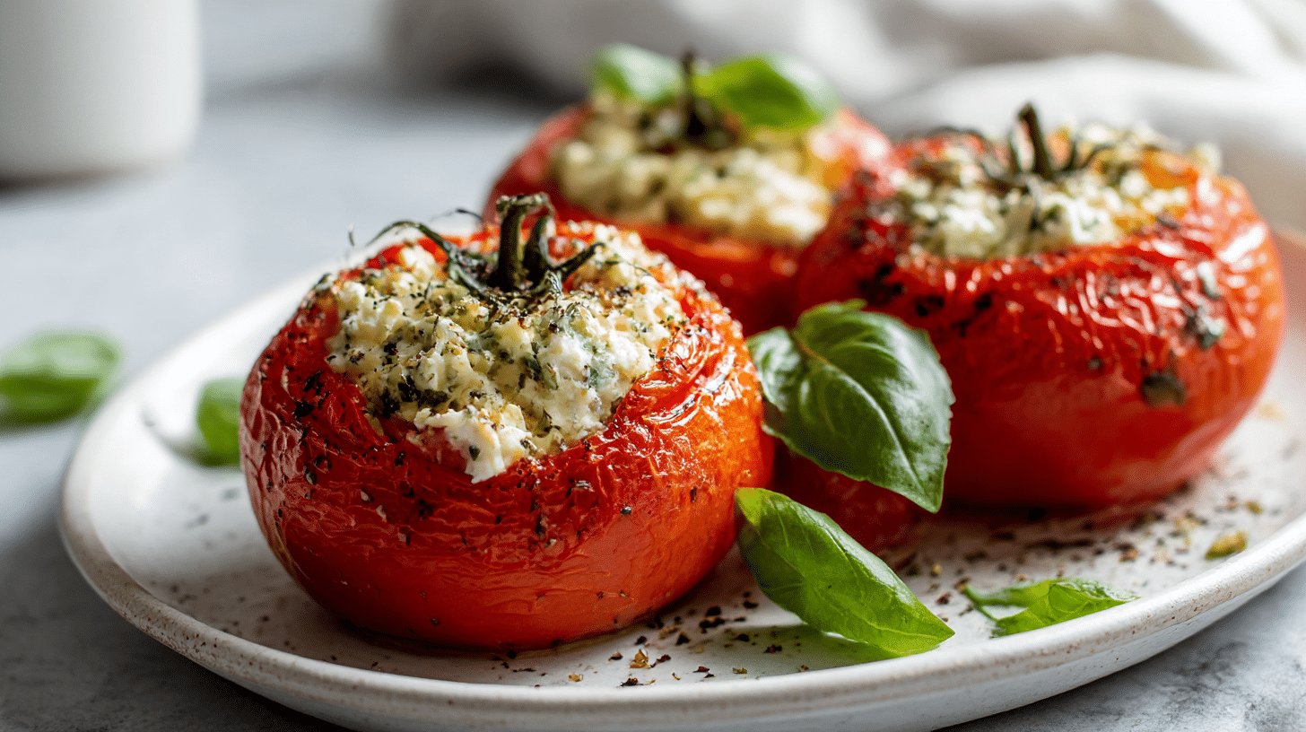 Sycące nadziewane pomidory z air fryer na talerzu