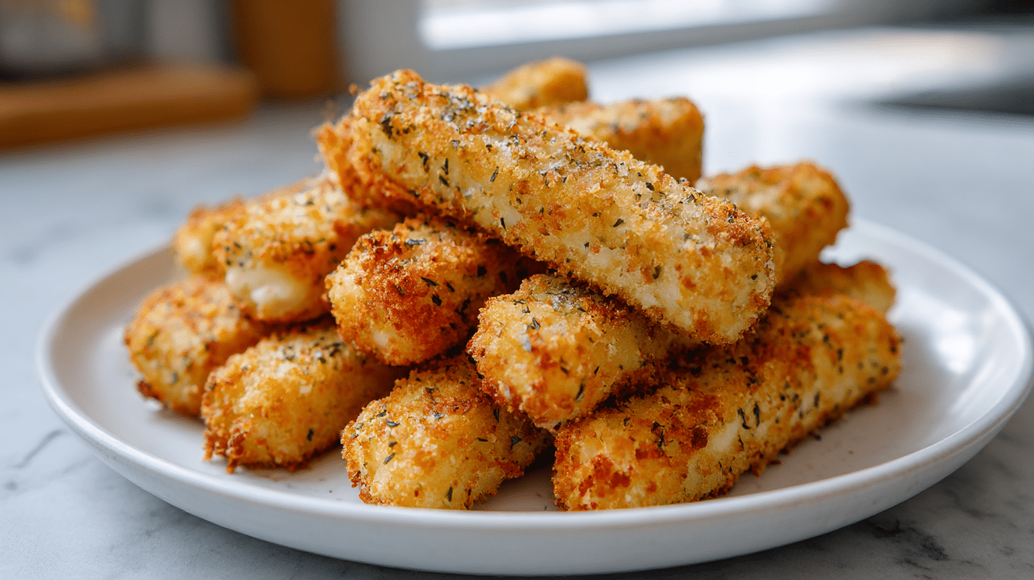 paluszki z mozzarelli z air fryer na desce do krojenia