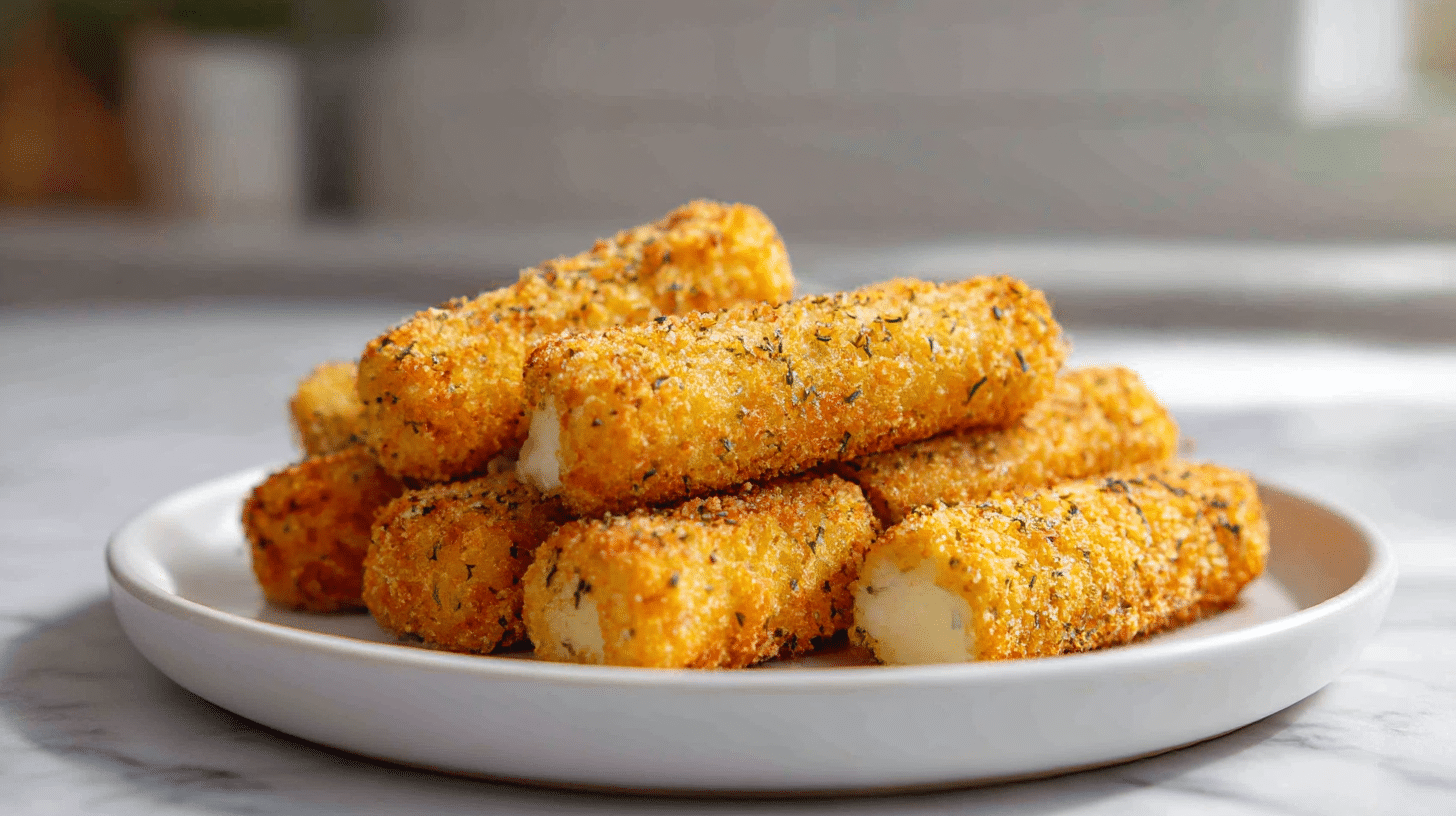paluszki z mozzarelli z air fryer podane na talerzu