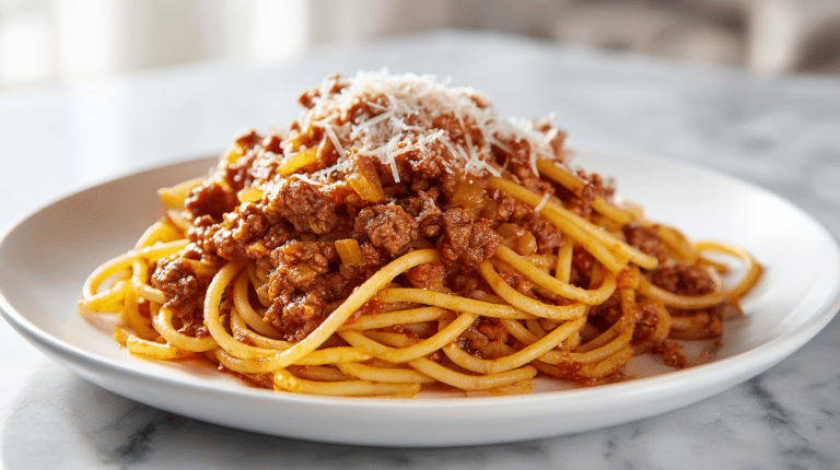 makaron z mięsem mielonym air fryer na talerzu