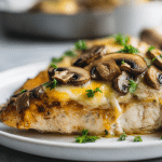 pierś z kurczaka z pieczarkami i serem air fryer na talerzu