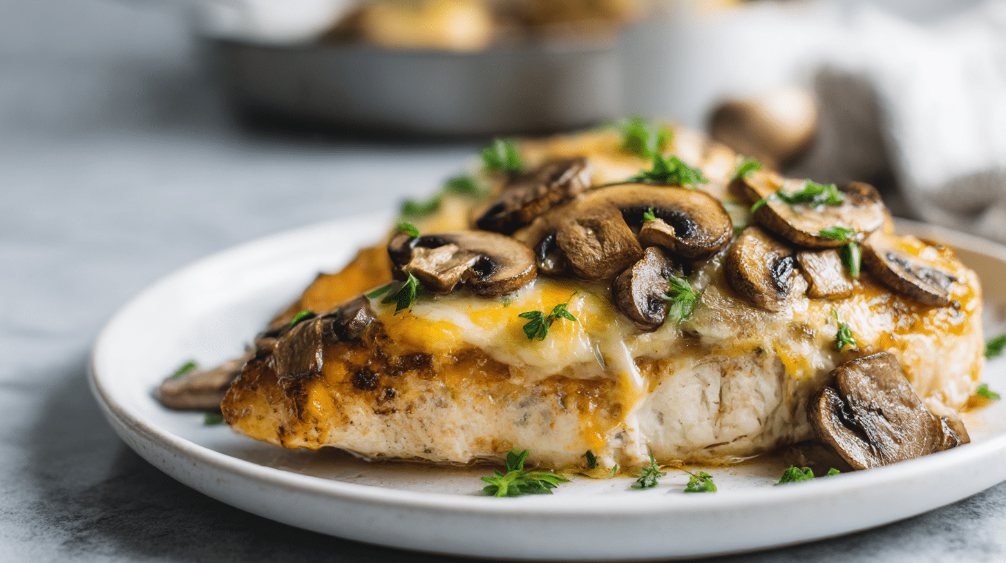 pierś z kurczaka z pieczarkami i serem air fryer na talerzu