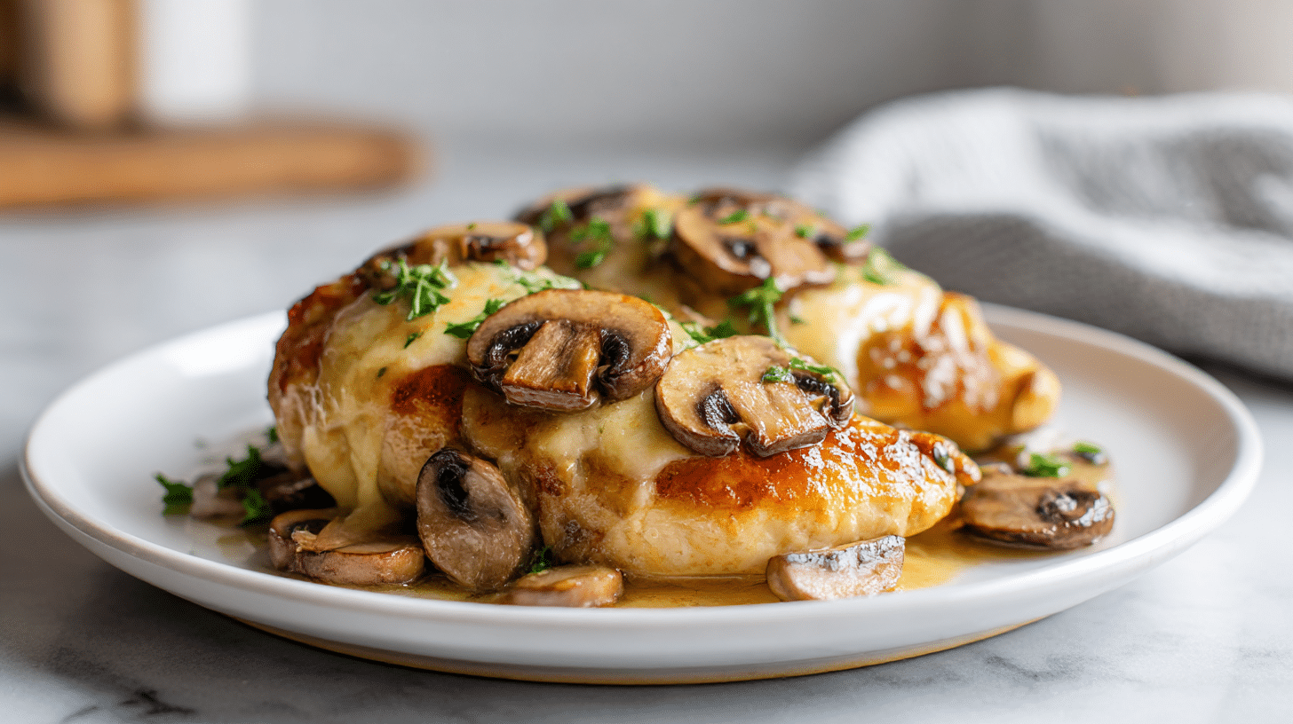 pyszna pierś z kurczaka z pieczarkami i serem air fryer na stole