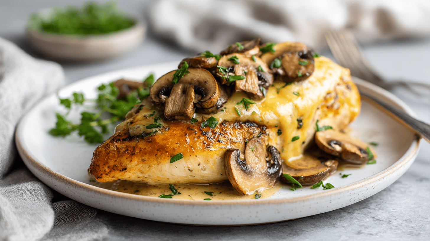 pierś z kurczaka z pieczarkami i serem air fryer z boku talerza