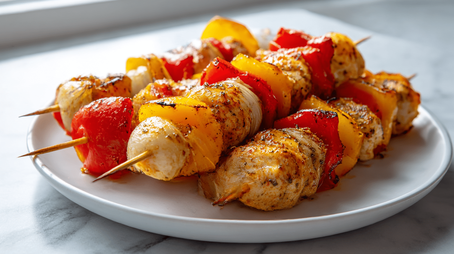 Kolorowy szaszłyk z airfryer z grillowanymi warzywami.