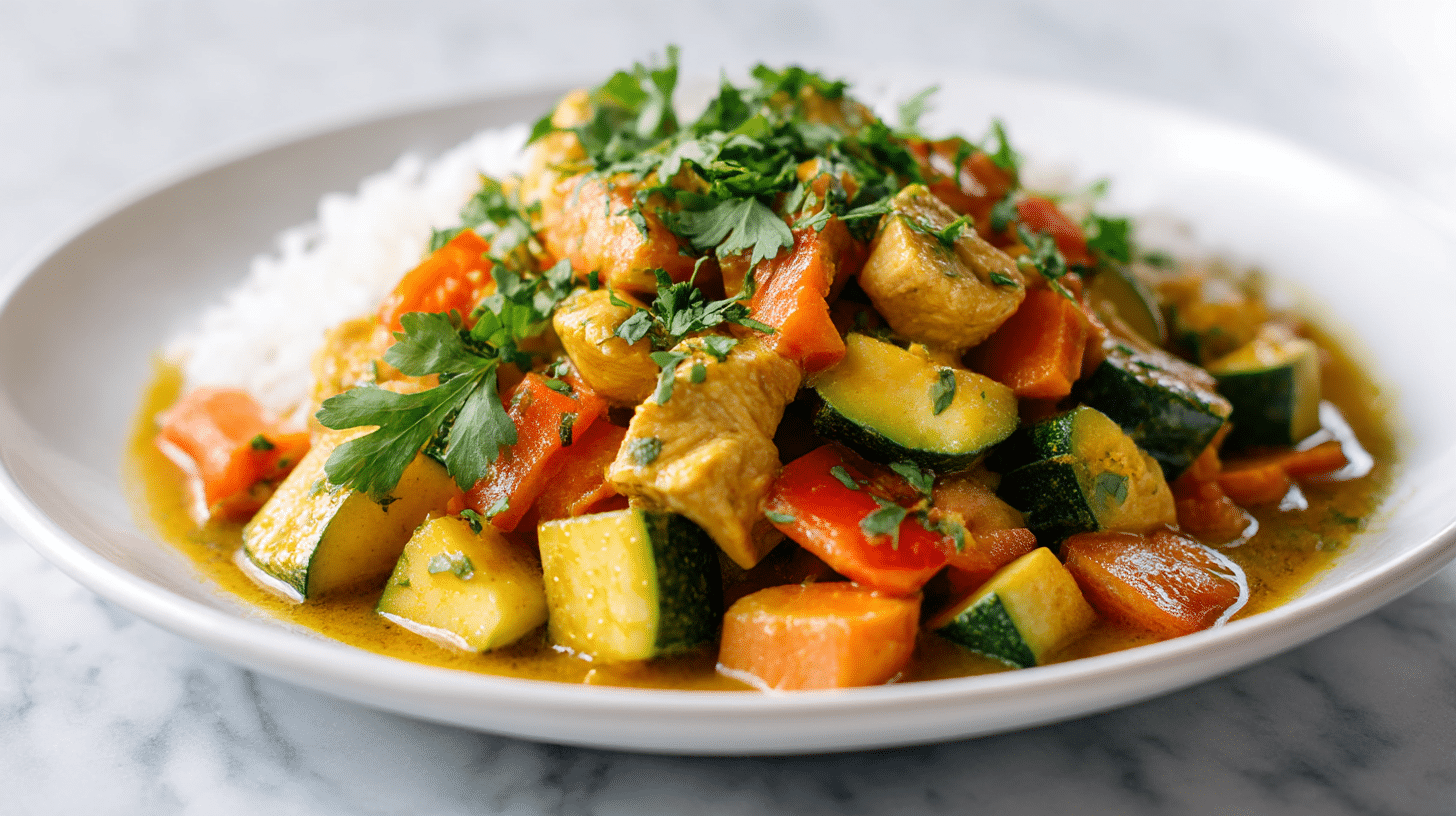 miska curry z kurczakiem air fryer, udekorowane świeżymi ziołami