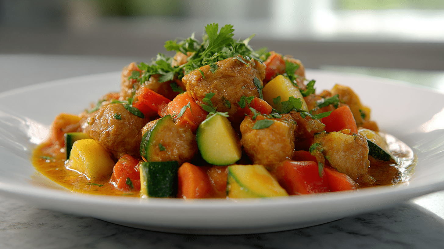 kurczak w sosie curry z air fryera, serwowany na stół