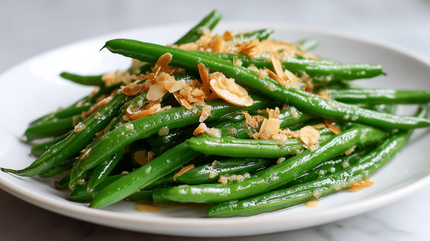 Smaczna fasolka z migdałami air fryer na talerzu.