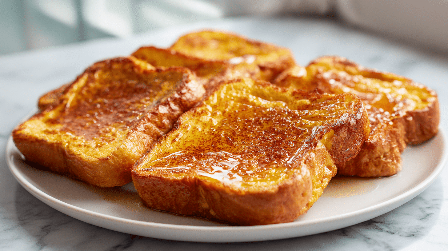 Francuskie tosty air fryer na talerzu z syropem klonowym