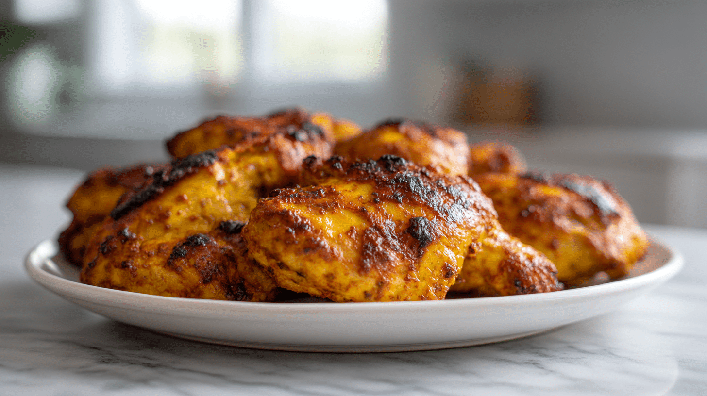 indyjski kurczak air fryer na stole serwowany z sałatką.