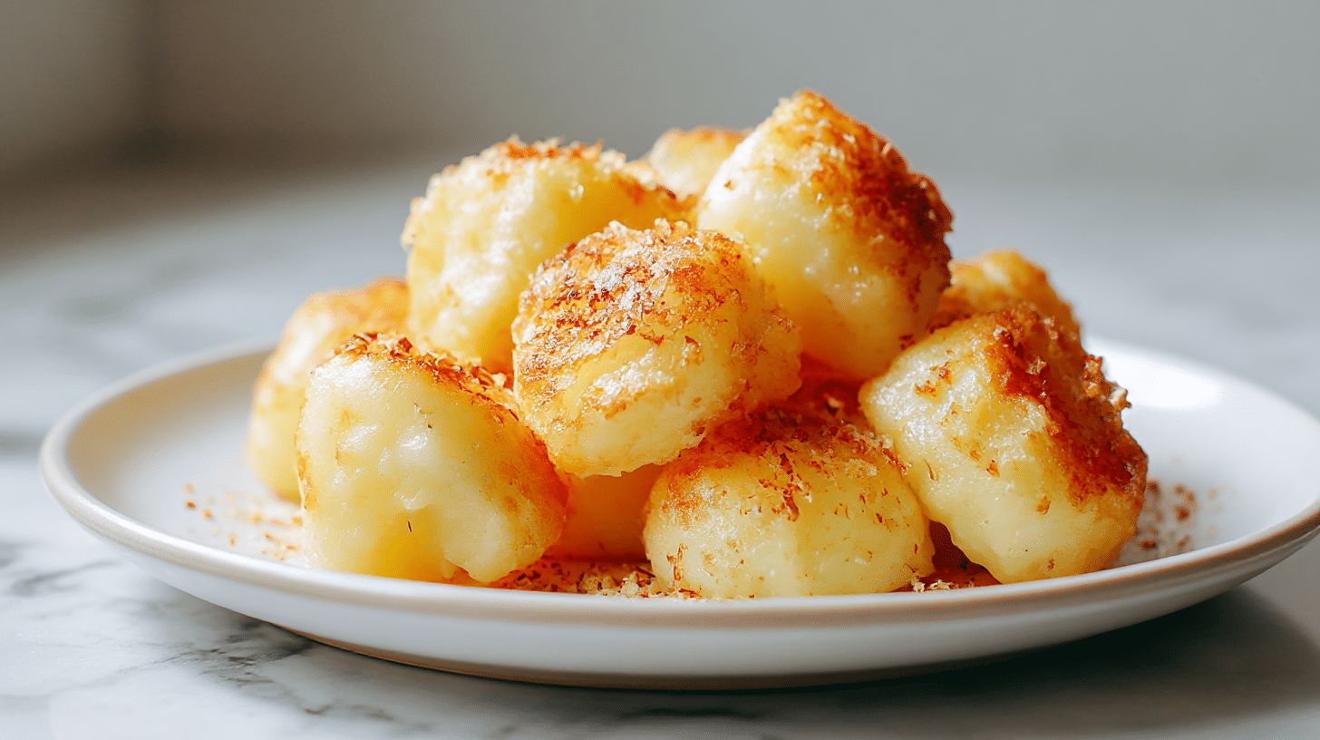 Kluski leniwe pieczone w air fryer, podane z sosem śmietanowym.