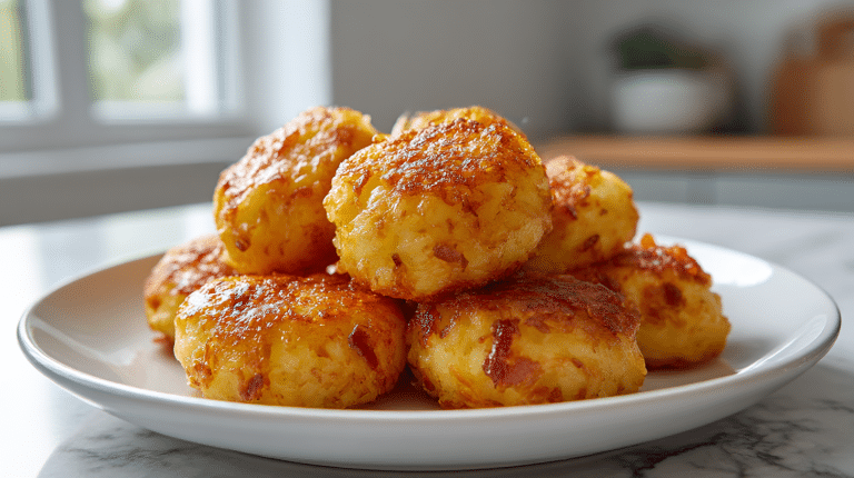 Kluski z boczkiem airfryer na talerzu