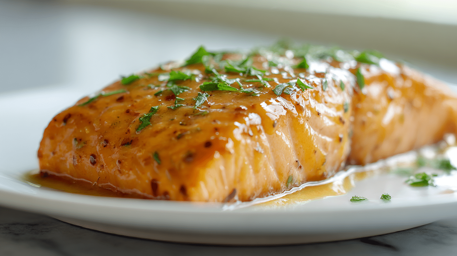 łosoś miodowo-musztardowy air fryer na talerzu