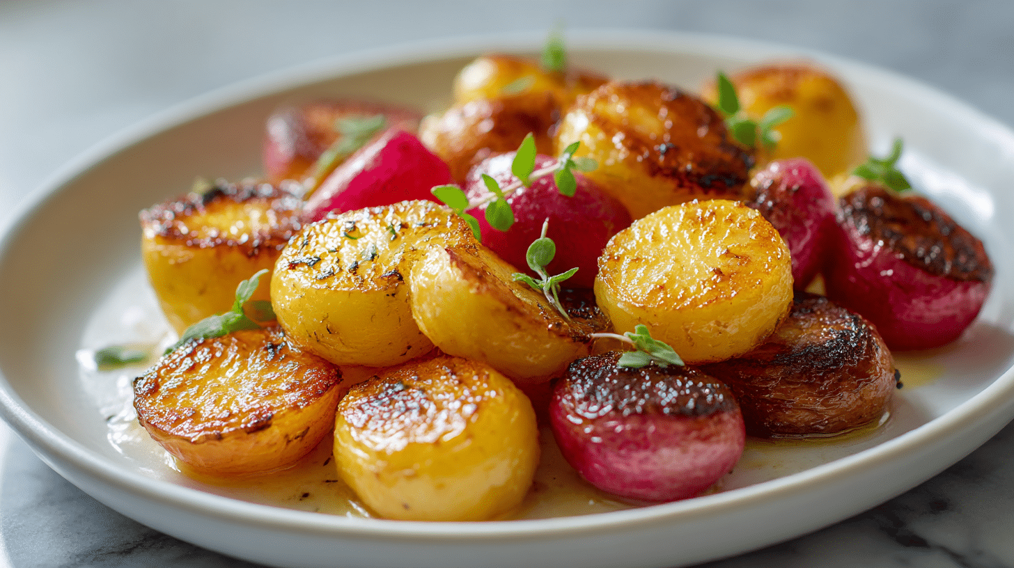 Rukola i pieczone rzodkiewki air fryer na talerzu