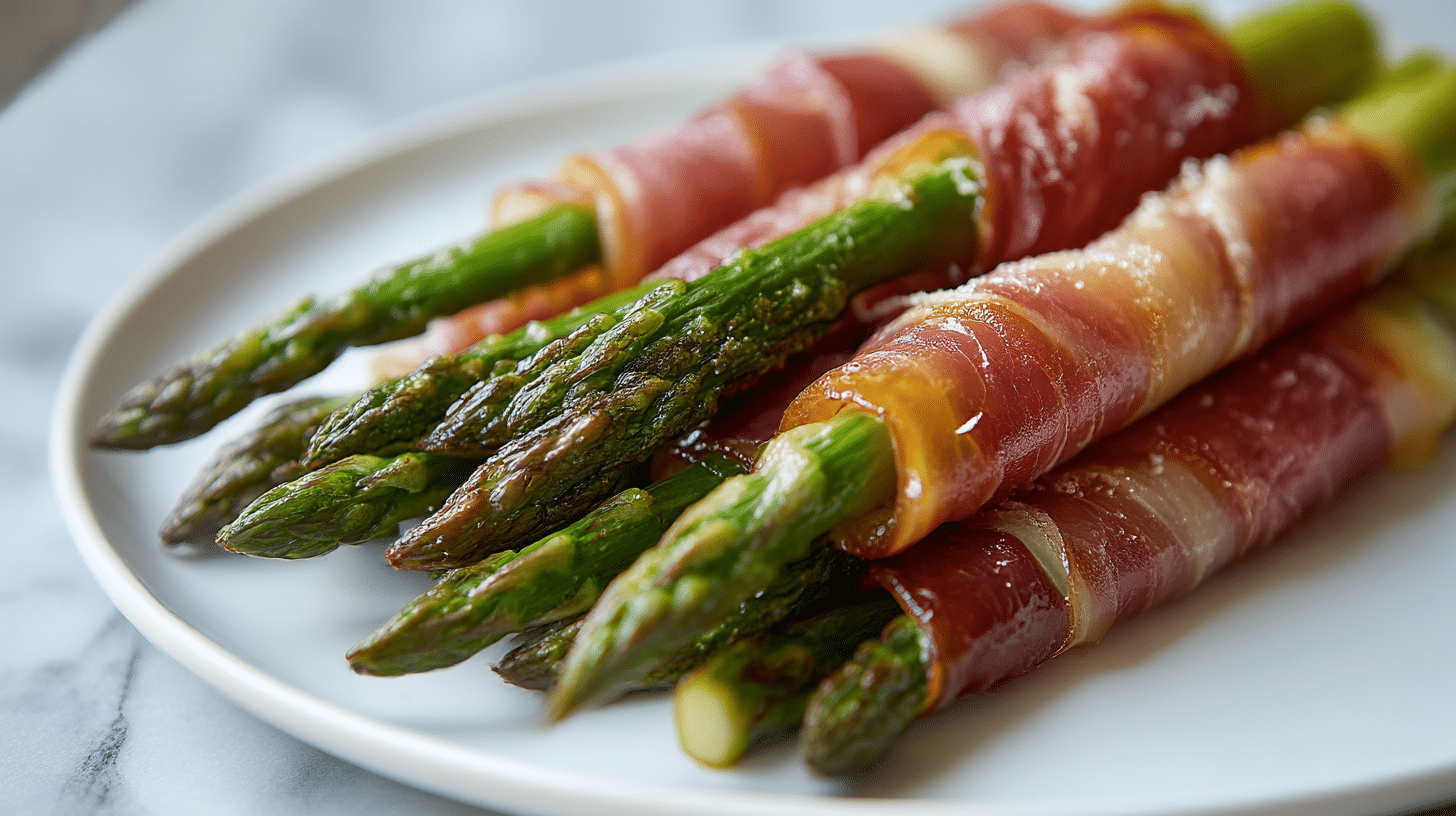 Smażone szparagi w szynce air fryer na talerzu