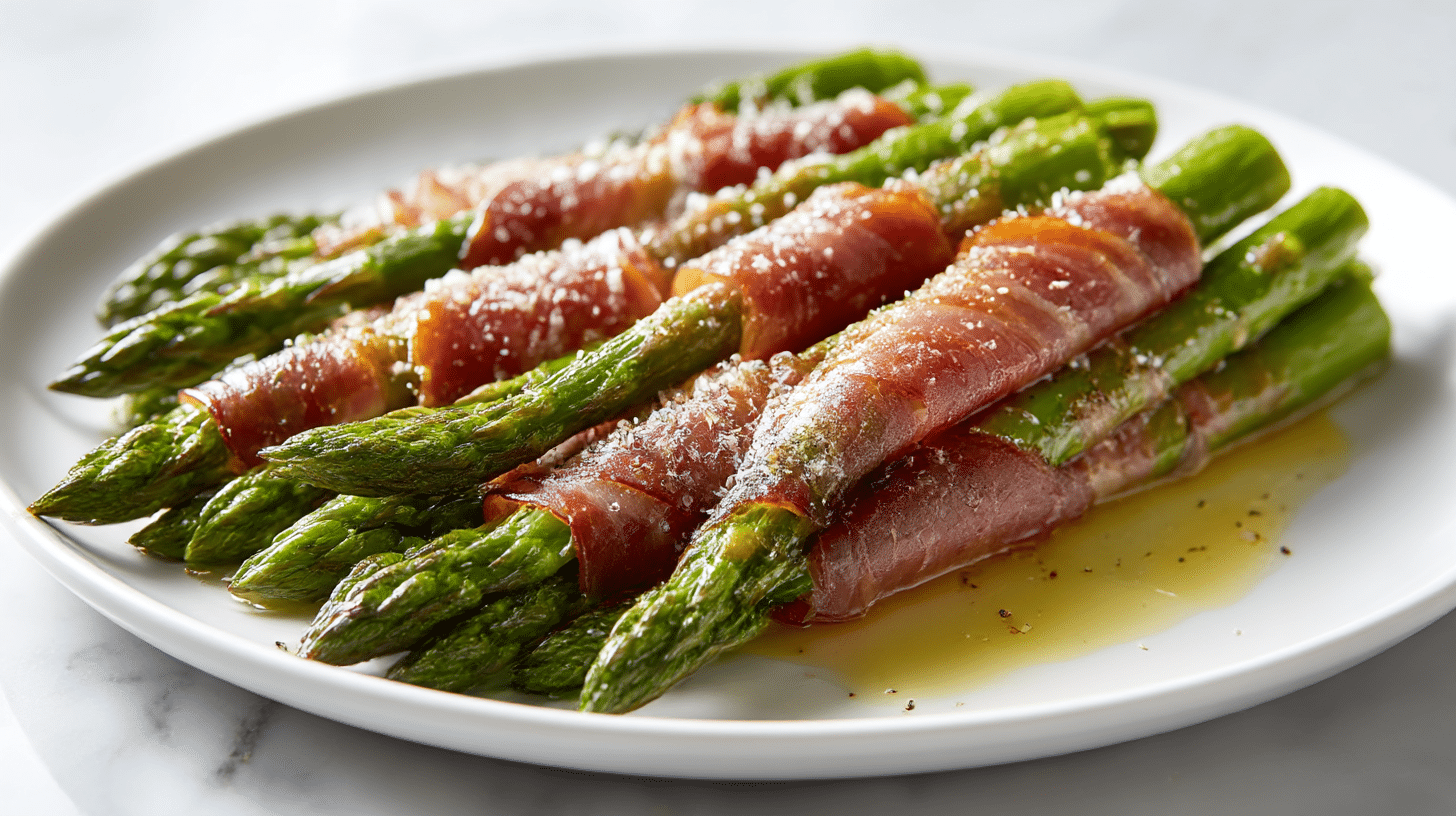 Szparagi wędliną air fryer podane na talerzu