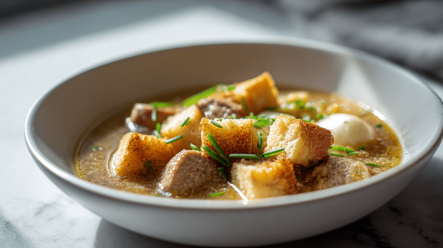 pyszny żurek z grzankami air fryer na talerzu