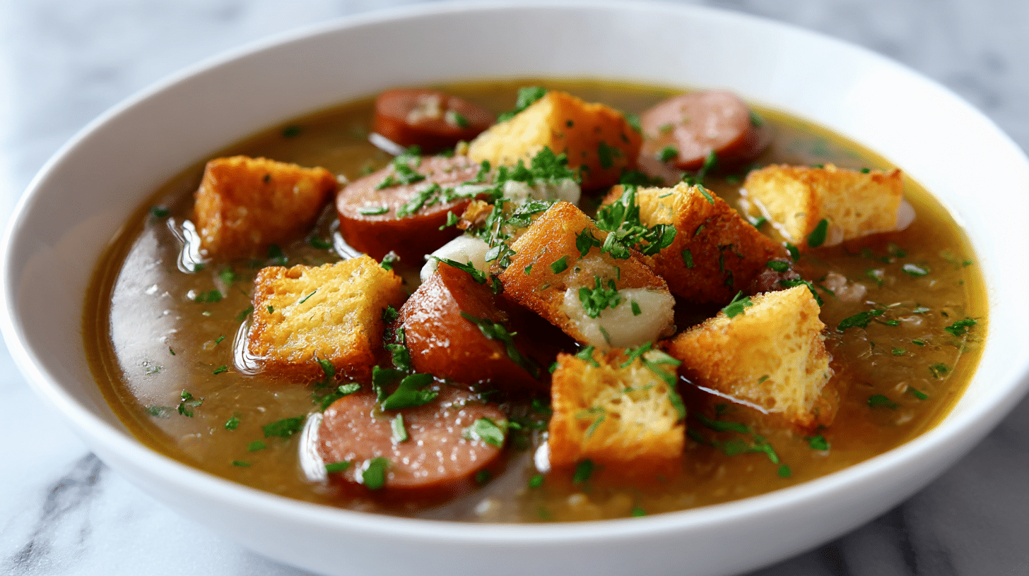 żałobny żurek z grzankami air fryer na stole