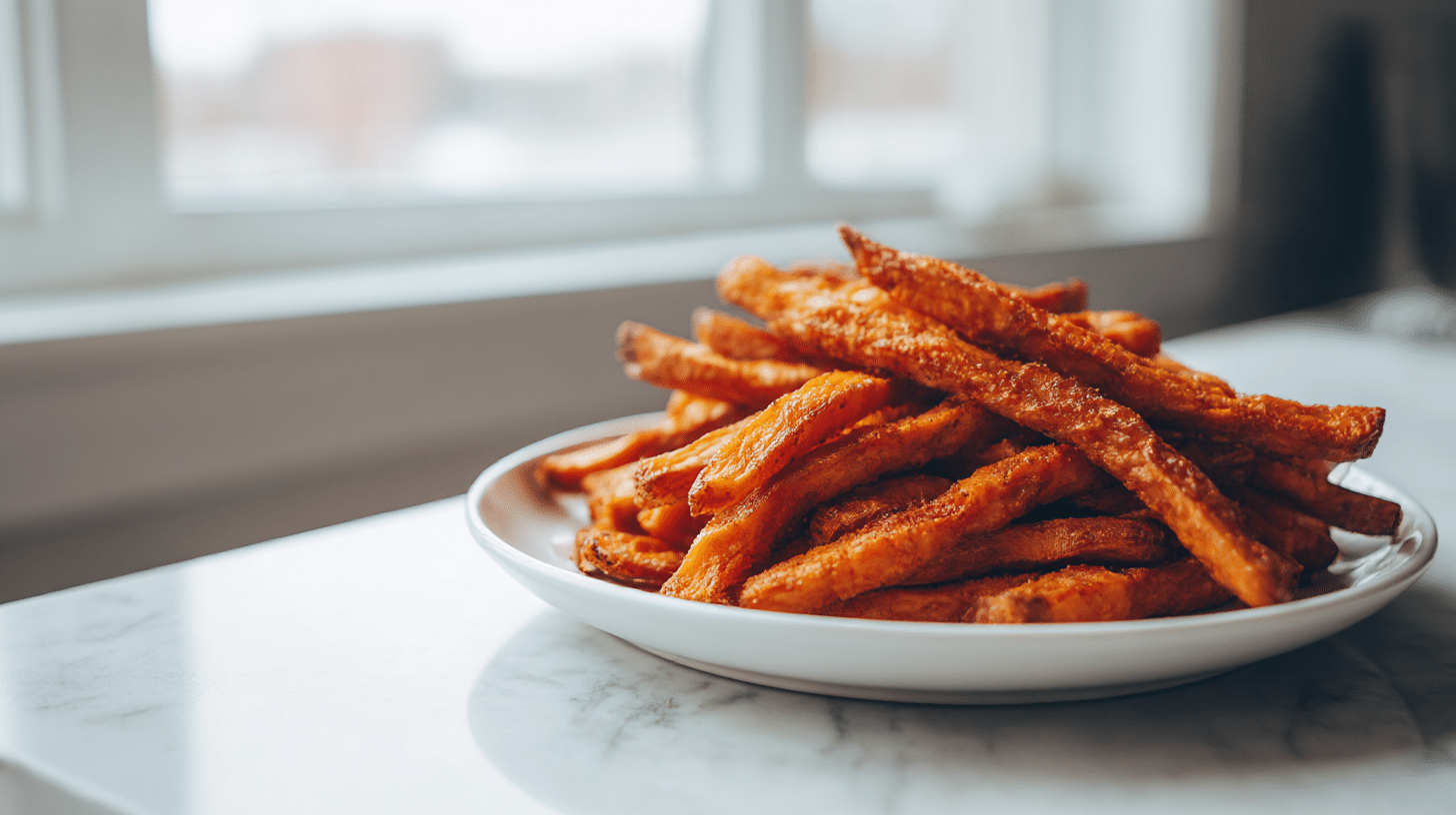 chrupiące fit frytki z batatów air fryer na talerzu