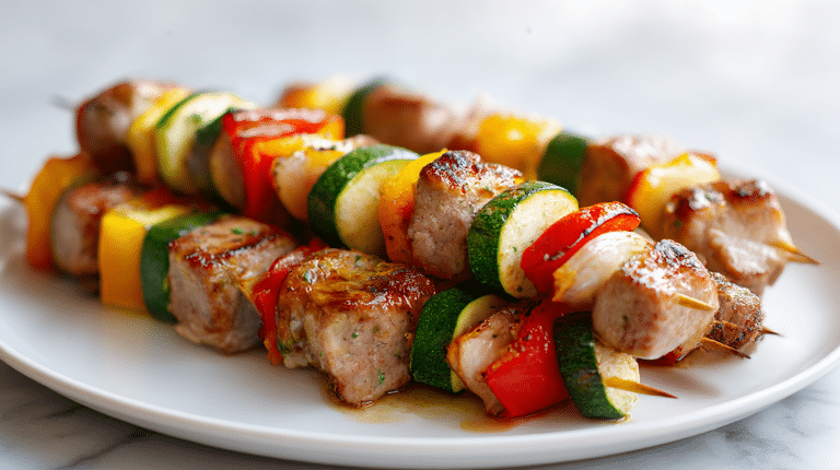 Szaszłyki z karkówki air fryer na talerzu.