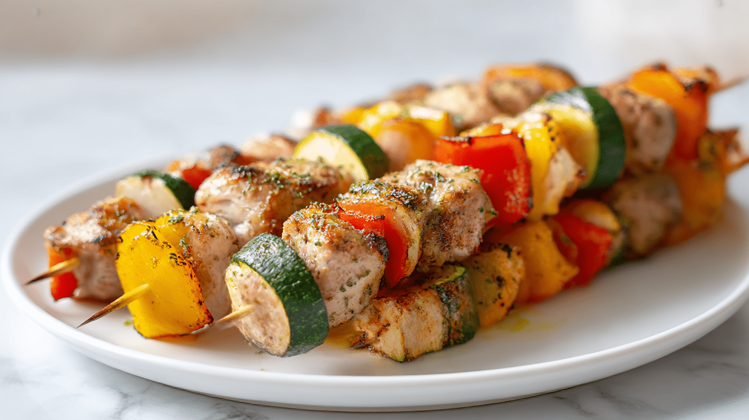 Szaszłyki z karkówki air fryer z sosem na stole.