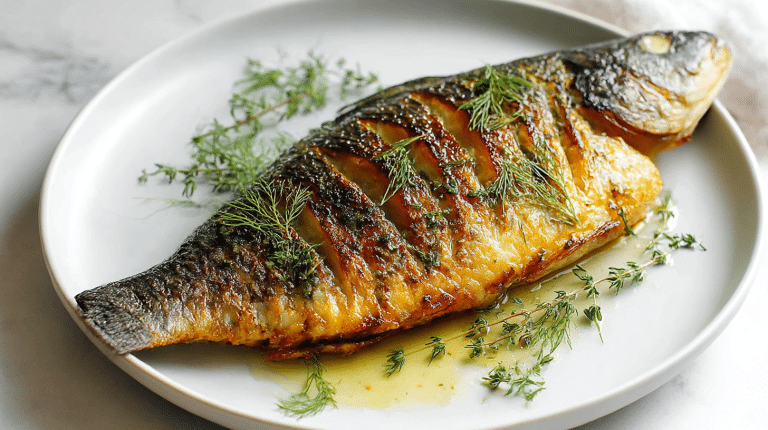 Pyszny grillowany karp air fryer na talerzu