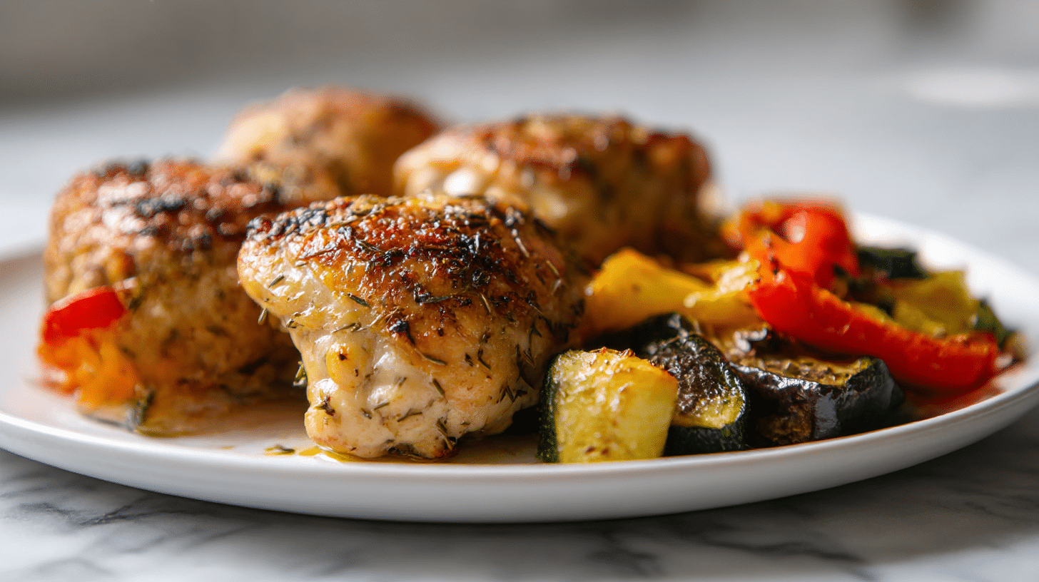 Kurczak po grecku air fryer serwowany z aromatycznym ryżem.