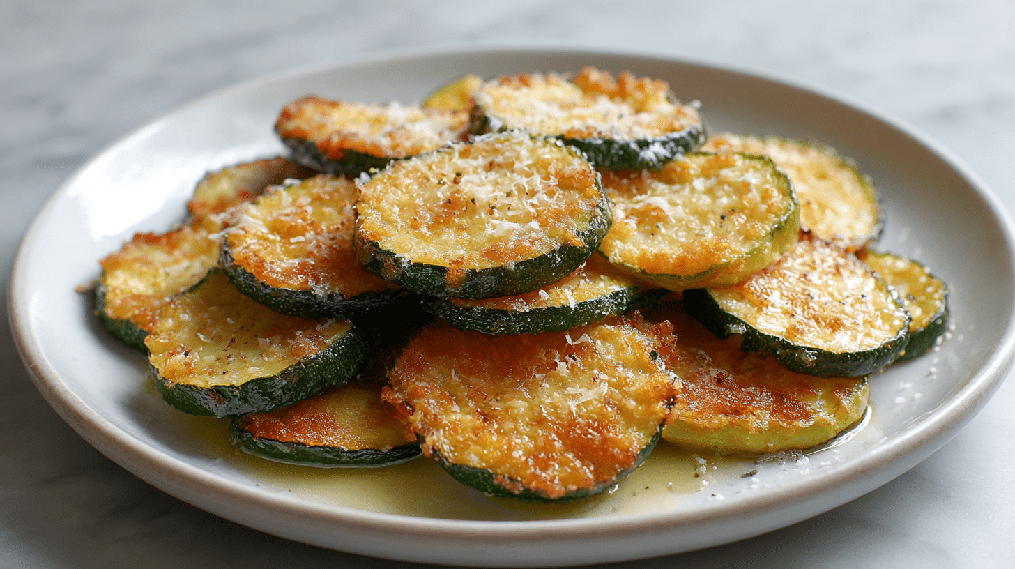 Cukinia parmezan air fryer na talerzu, idealna na obiad.